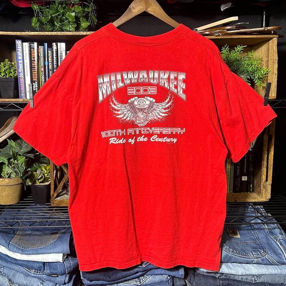 Vintage Y2K Milwaukee 2003 Bike Rally Biker Tee Red Flames Engine Shirt Mens XL